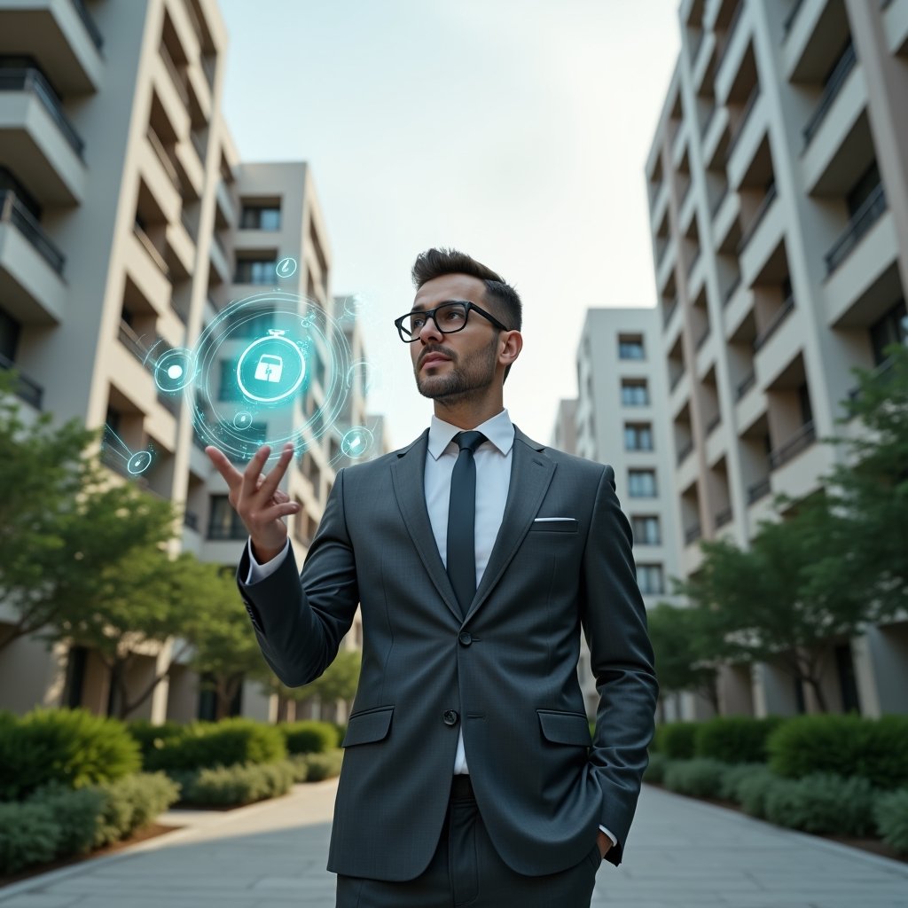 (Ultra-realistic condominium manager in a charcoal gray suit, set in a modern luxury condominium environment with high-rise buildings and lush green landscaping, standing confidently in a medium shot as they interact with a floating holographic calendar and task icons, a look of focused determination on their face, symbolic holograms of checkmarks and clocks orbiting around, cinematic lighting, shallow depth of field, highly detailed textures, realistic skin, photographic realism, 8k resolution --ar 1:1 --v 6)