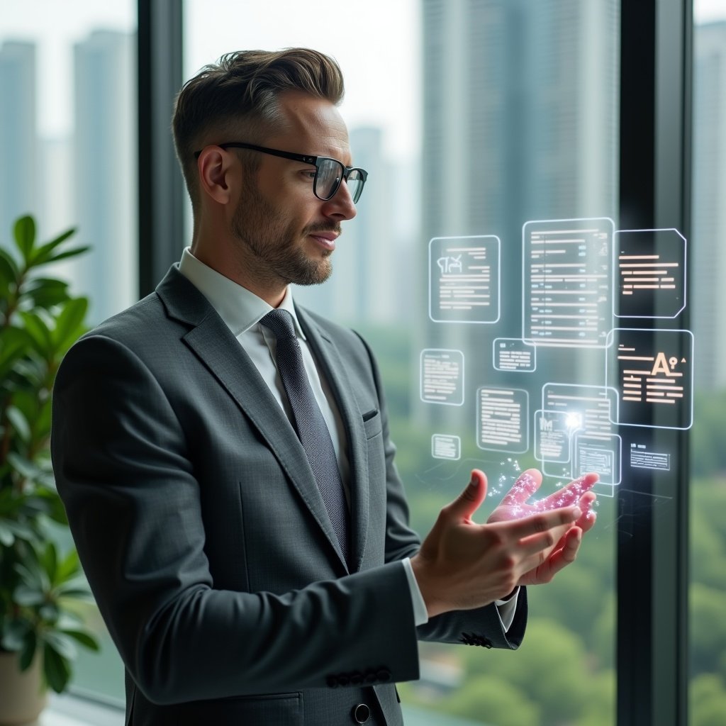 Ultra-realistic condominium manager in a charcoal gray suit, set in a modern luxury condominium environment with high-rise buildings and pristine green landscaping, reviewing a holographic checklist of financial documents with a confident, focused expression, floating document icons and transparent report panels around them, cinematic lighting, shallow depth of field, highly detailed textures, realistic skin, photographic realism, 8k resolution --ar 1:1 --v 6