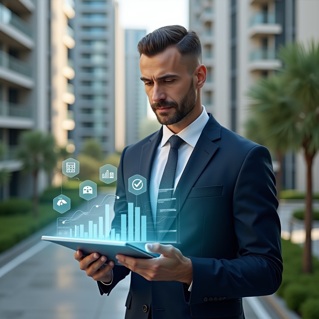 (Ultra-realistic condo manager in a tailored navy suit, set in a modern luxury condominium environment with high-rise buildings and manicured green spaces, holding a transparent tablet displaying holographic financial charts and a digital checklist, reviewing accounts with a confident, focused expression, floating financial icons and checkmark symbols around, cinematic lighting, shallow depth of field, highly detailed textures, realistic skin, photographic realism, 8k resolution --ar 1:1 --v 6)