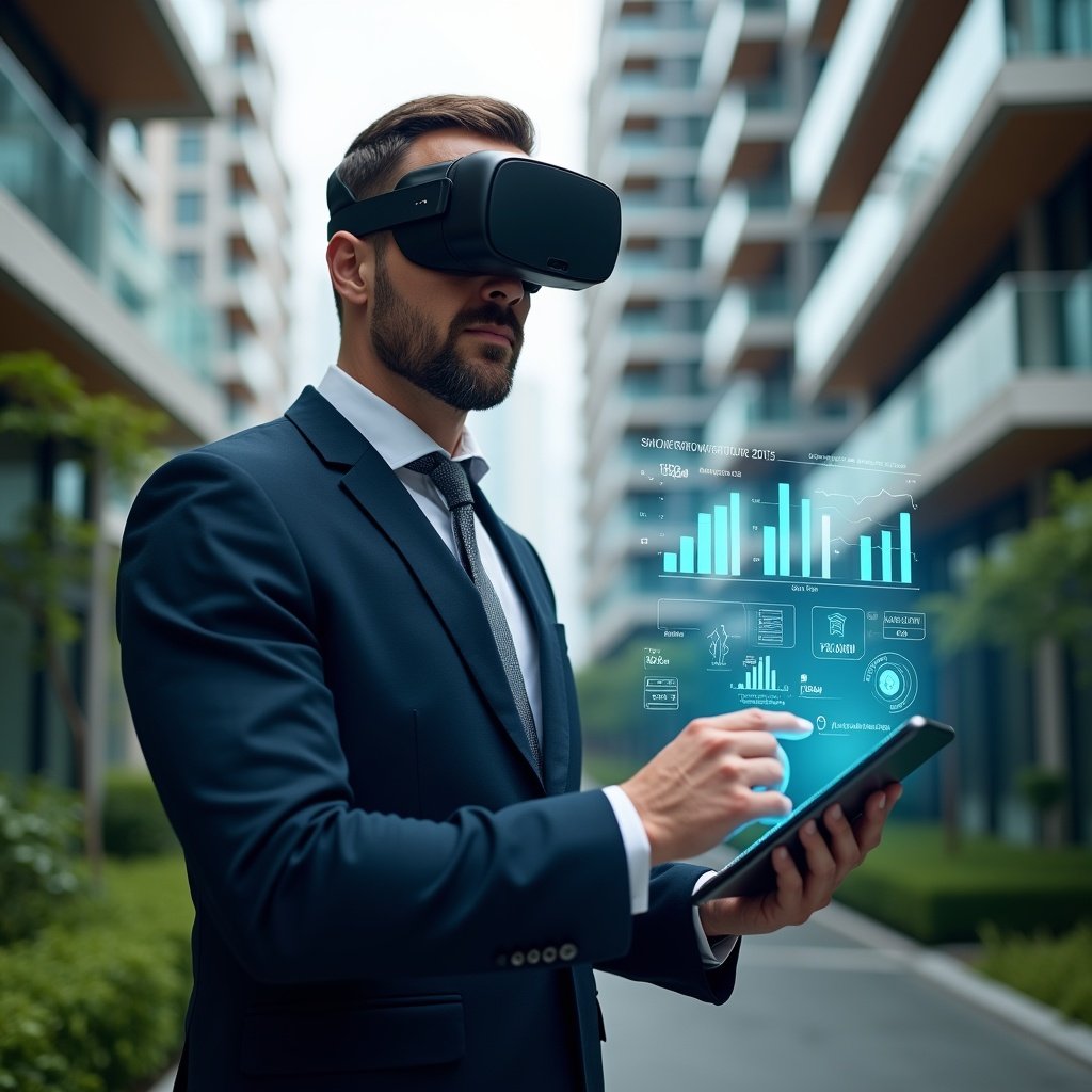 (Ultra-realistic property manager in a dark blue tailored suit, set in a modern luxury condominium environment with high-rise buildings and lush green landscaping, medium close-up of a confident professional reviewing a holographic financial dashboard projected from a tablet, floating budget icons and 3D expense charts surrounding them, cinematic lighting, shallow depth of field, highly detailed textures, realistic skin, photographic realism, 8k resolution --ar 1:1 --v 6)