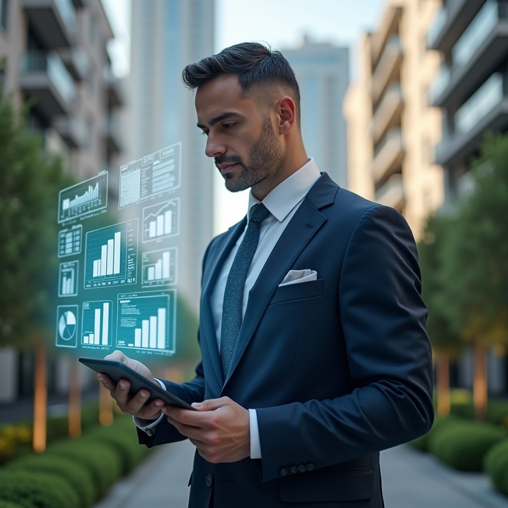 (Ultra-realistic condominium manager in a tailored navy suit, set in a modern luxury condominium environment with high-rise buildings and manicured green landscaping, reviewing holographic financial reports projected before them with a confident, focused expression, floating icons of bar graphs and pie charts symbolizing clear, precise accounting, cinematic lighting, shallow depth of field, highly detailed textures, realistic skin, photographic realism, 8k resolution --ar 1:1 --v 6)