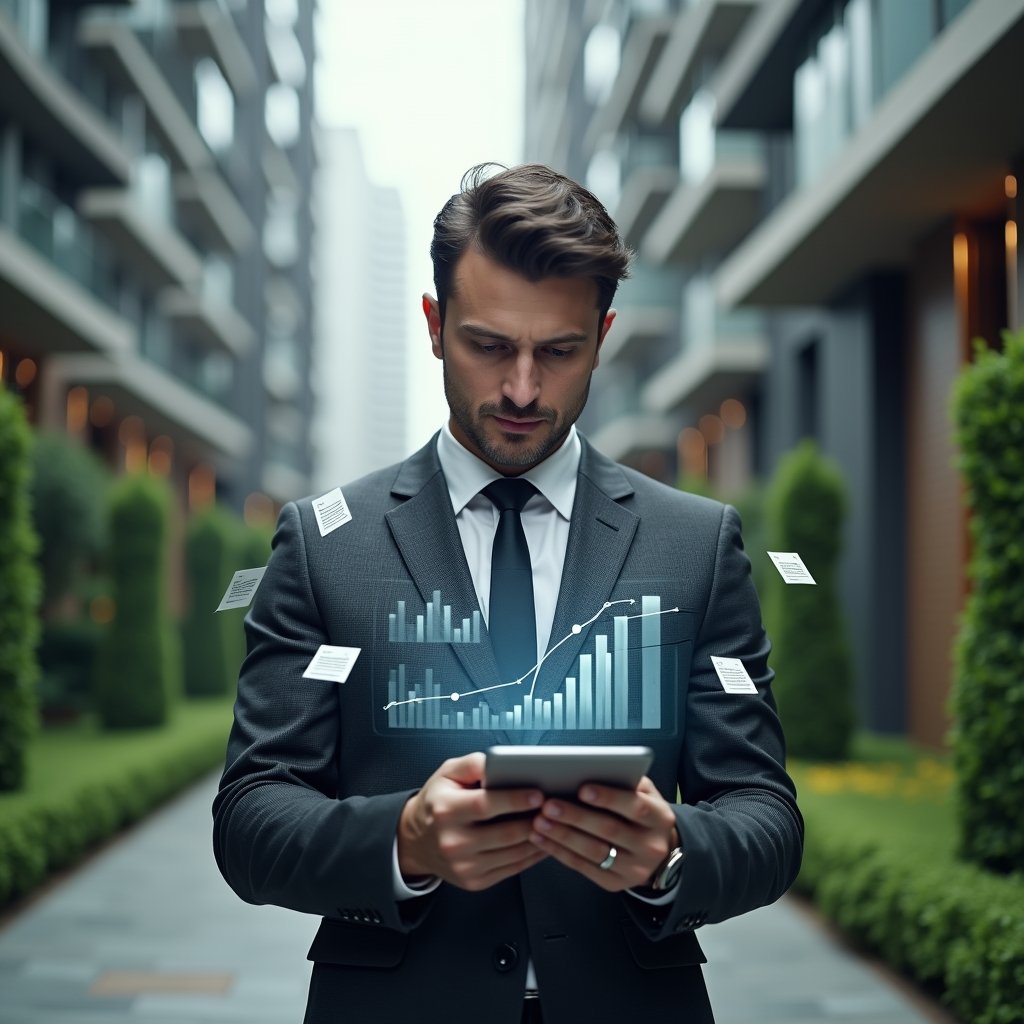 Ultra-realistic condominium manager in a dark gray tailored suit, set in a modern luxury condominium environment with high-rise buildings and manicured green landscaping, analyzing holographic financial charts projected above a tablet, floating icons of documents and approval stamps surrounding them, confident and focused expression, cinematic lighting, shallow depth of field, highly detailed textures, realistic skin, photographic realism, 8k resolution --ar 1:1 --v 6