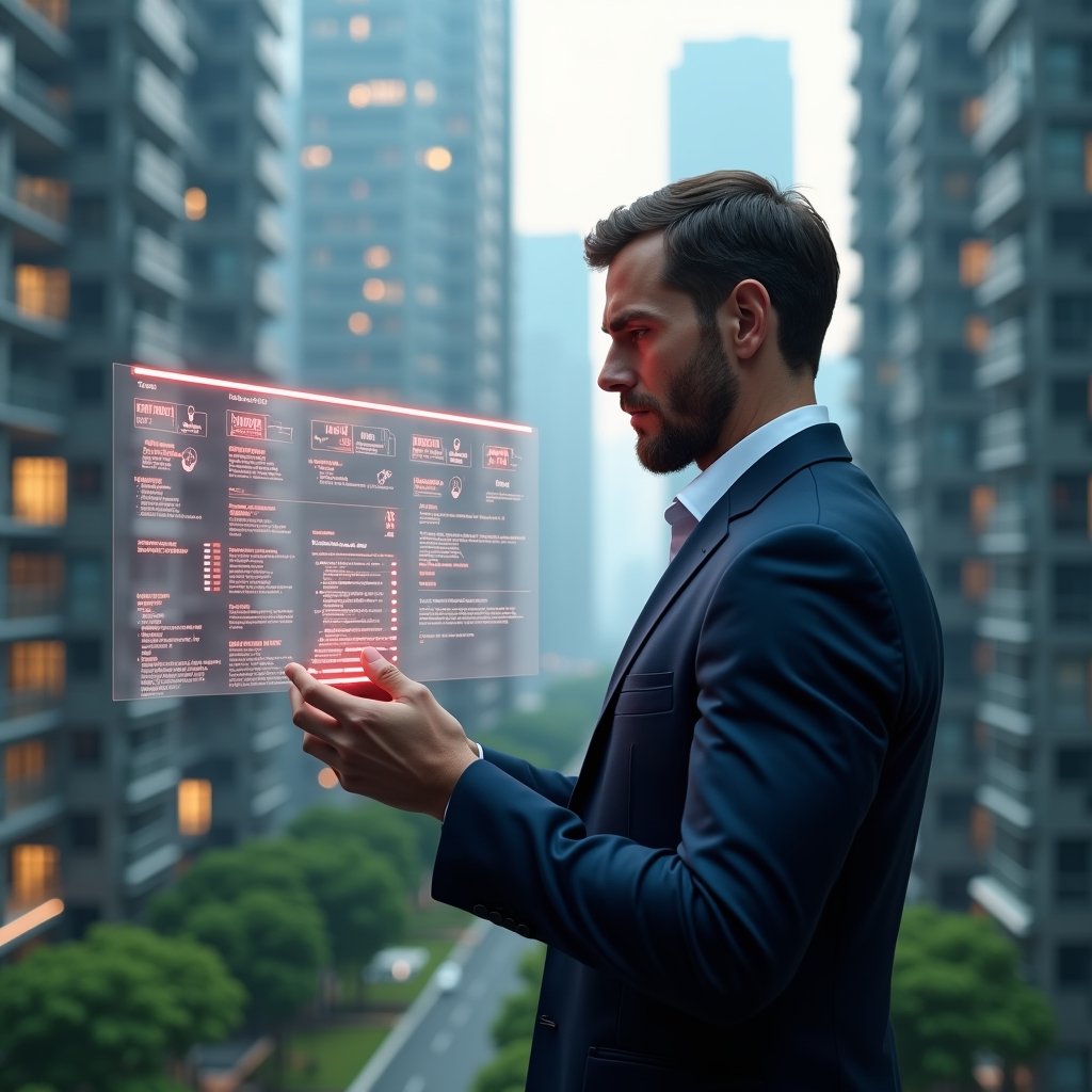 Ultra-realistic condominium manager in a dark blue suit, set in a modern luxury condominium environment with high-rise buildings and green landscaping, examining a floating holographic dashboard filled with red error icons and checklists, conveying focused determination, cinematic lighting, shallow depth of field, highly detailed textures, realistic skin, photographic realism, 8k resolution --ar 1:1 --v 6