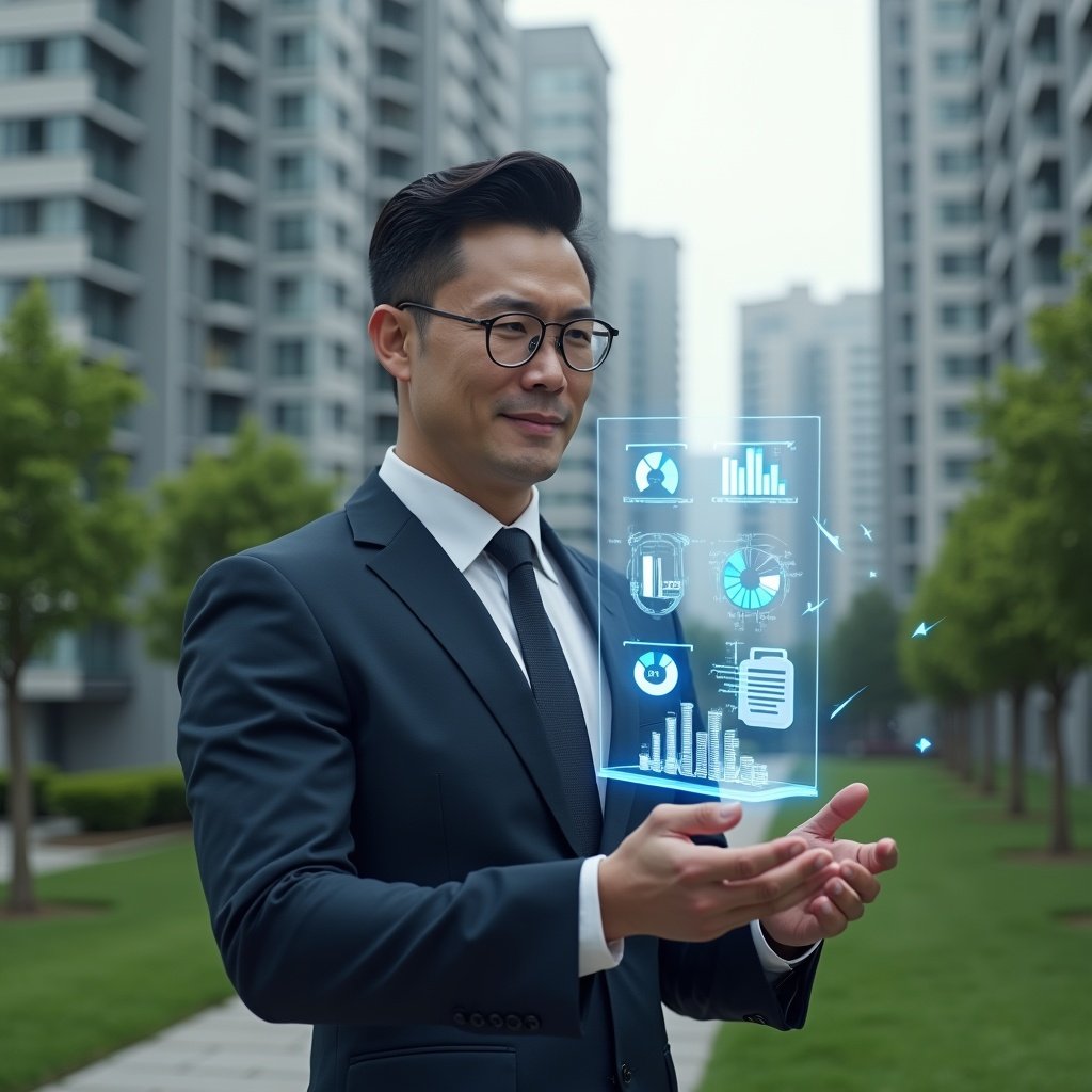 (Ultra-realistic condominium manager in a tailored navy suit, set in a modern luxury condominium environment with high-rise buildings and manicured green gardens in the background, analyzing floating holographic financial charts and transparent balancetes with a confident, focused expression, holographic icons of pie charts and ledgers swirling around, cinematic lighting, shallow depth of field, highly detailed textures, realistic skin, photographic realism, 8k resolution --ar 1:1 --v 6)