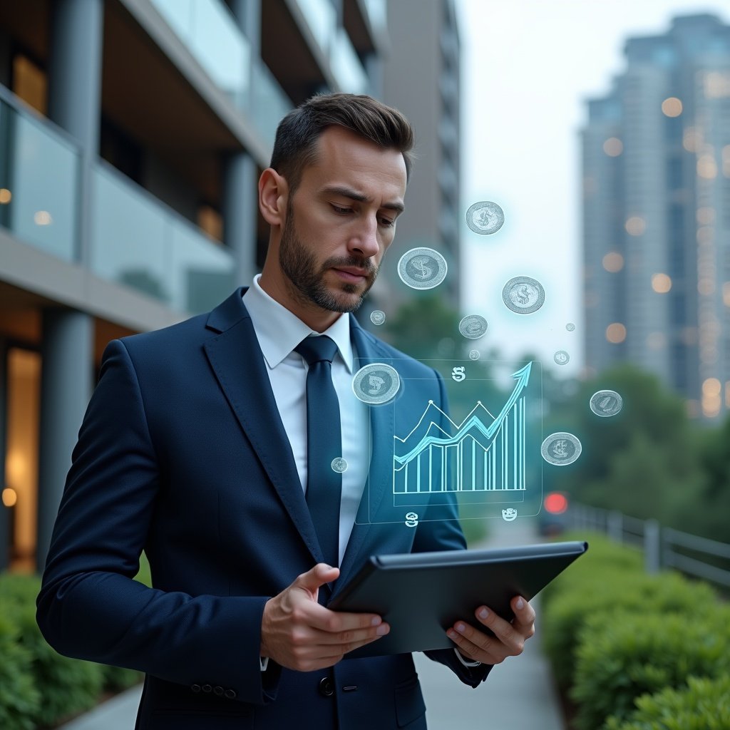 (Ultra-realistic condominium manager in a dark blue tailored suit, set in a modern luxury condominium environment with high-rise buildings and manicured green landscaping, confidently analyzing a floating holographic chart of expense breakdowns on a tablet, surrounded by translucent icons of coins and upward-trend graphs symbolizing cost savings and budgeting, cinematic lighting, shallow depth of field, highly detailed textures, realistic skin, photographic realism, 8k resolution --ar 1:1 --v 6)