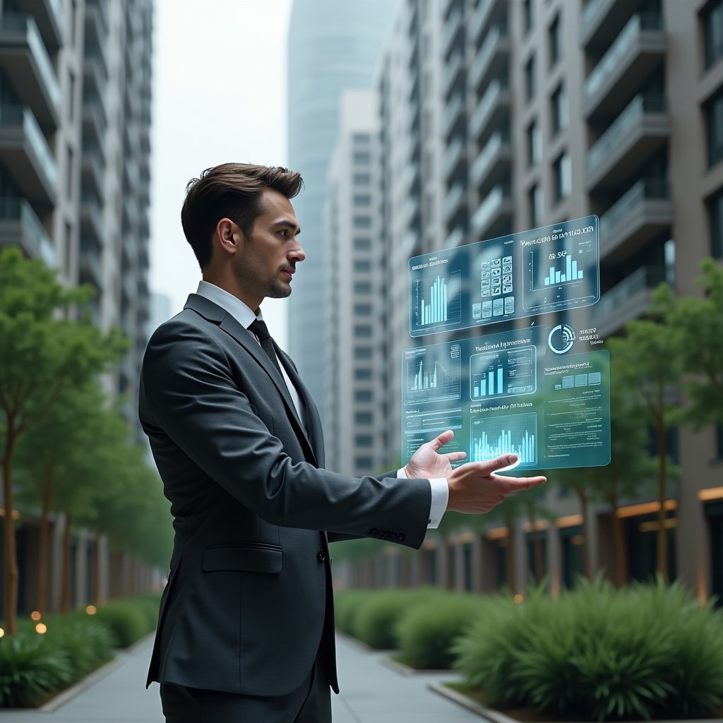 (Ultra-realistic condominium manager in a charcoal gray executive suit, set in a modern luxury condominium environment with high-rise buildings and lush green landscaping, standing in a medium shot while examining a floating holographic dashboard of cost-reduction charts and graphs, holographic icons of a calculator and energy-saving lightbulb floating beside them, confident and focused expression, cinematic lighting, shallow depth of field, highly detailed textures, realistic skin, photographic realism, 8k resolution --ar 1:1 --v 6)