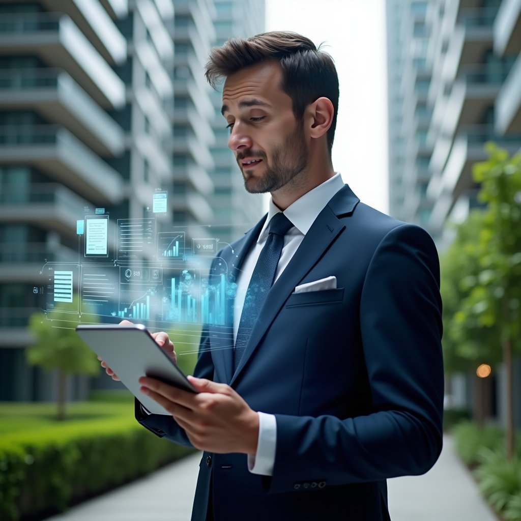(Ultra-realistic condominium manager in a tailored navy suit, set in a modern luxury condominium environment with high-rise buildings and lush green landscaping, holding a tablet displaying holographic financial charts and document icons swirling around, confidently reviewing data to optimize accounting processes, cinematic lighting, shallow depth of field, highly detailed textures, realistic skin, photographic realism, 8k resolution --ar 1:1 --v 6)