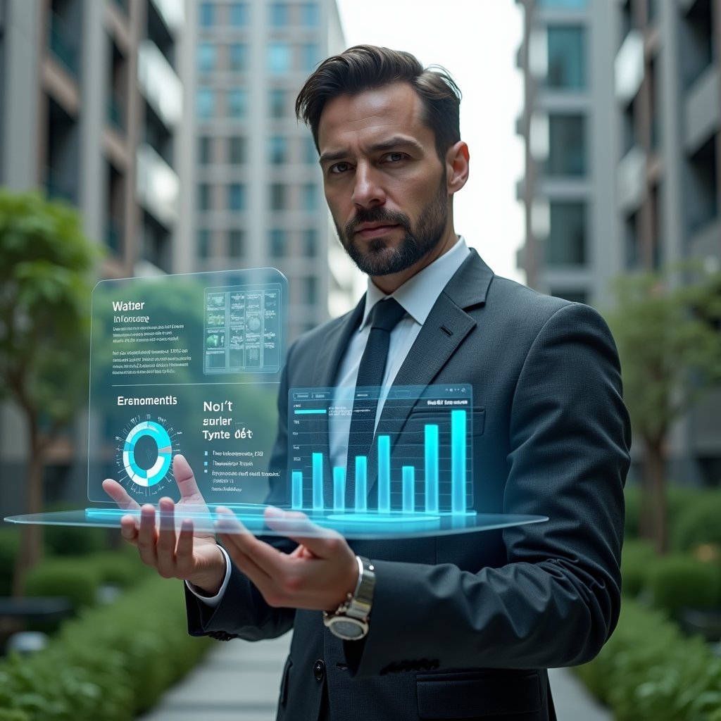 (Ultra-realistic condominium manager in a dark gray suit, set in a modern luxury condominium environment with high-rise buildings and lush green landscaping, holding and analyzing a semi-transparent holographic dashboard displaying water consumption charts and delinquency bar graphs, confident and focused expression, cinematic lighting, shallow depth of field, highly detailed textures, realistic skin, photographic realism, 8k resolution --ar 1:1 --v 6)