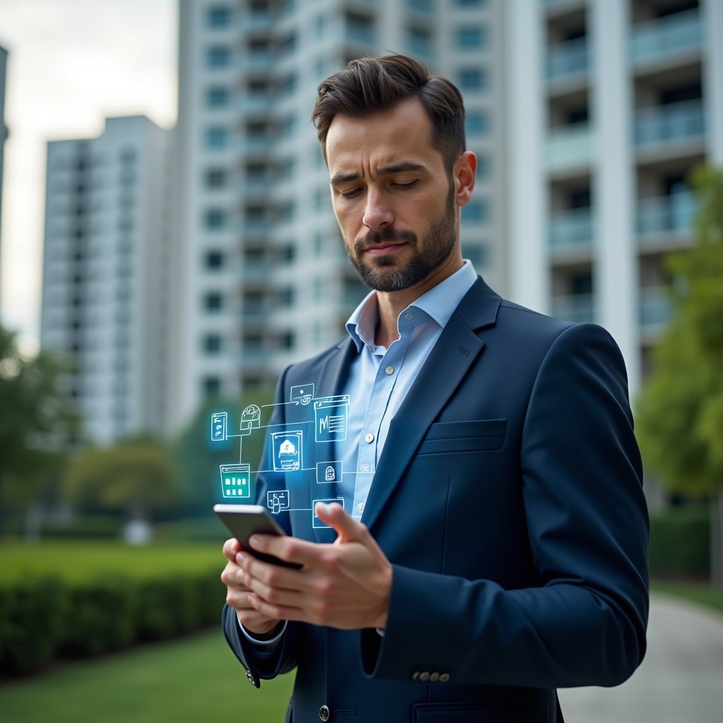 Ultra-realistic condominium manager in a dark blue executive suit, set in a modern luxury condominium environment with high-rise buildings and manicured green landscaping, holding a smartphone displaying holographic icons of chat bubbles, financial graphs and reservation calendars, confident and focused expression, cinematic lighting, shallow depth of field, highly detailed textures, realistic skin, photographic realism, 8k resolution --ar 1:1 --v 6