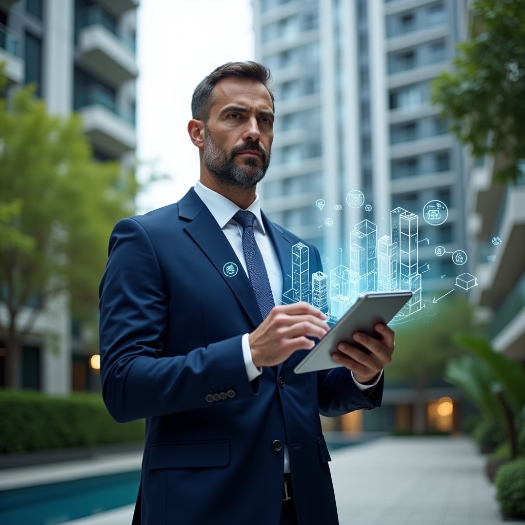 Ultra-realistic condominium manager in a navy blue suit, set in a modern luxury condominium environment with high-rise buildings and lush green landscaping, standing confidently while holding a tablet projecting holographic checklists and performance charts, floating icons of buildings and graphs symbolizing optimized processes and resident engagement, cinematic lighting, shallow depth of field, highly detailed textures, realistic skin, photographic realism, 8k resolution --ar 1:1 --v 6
