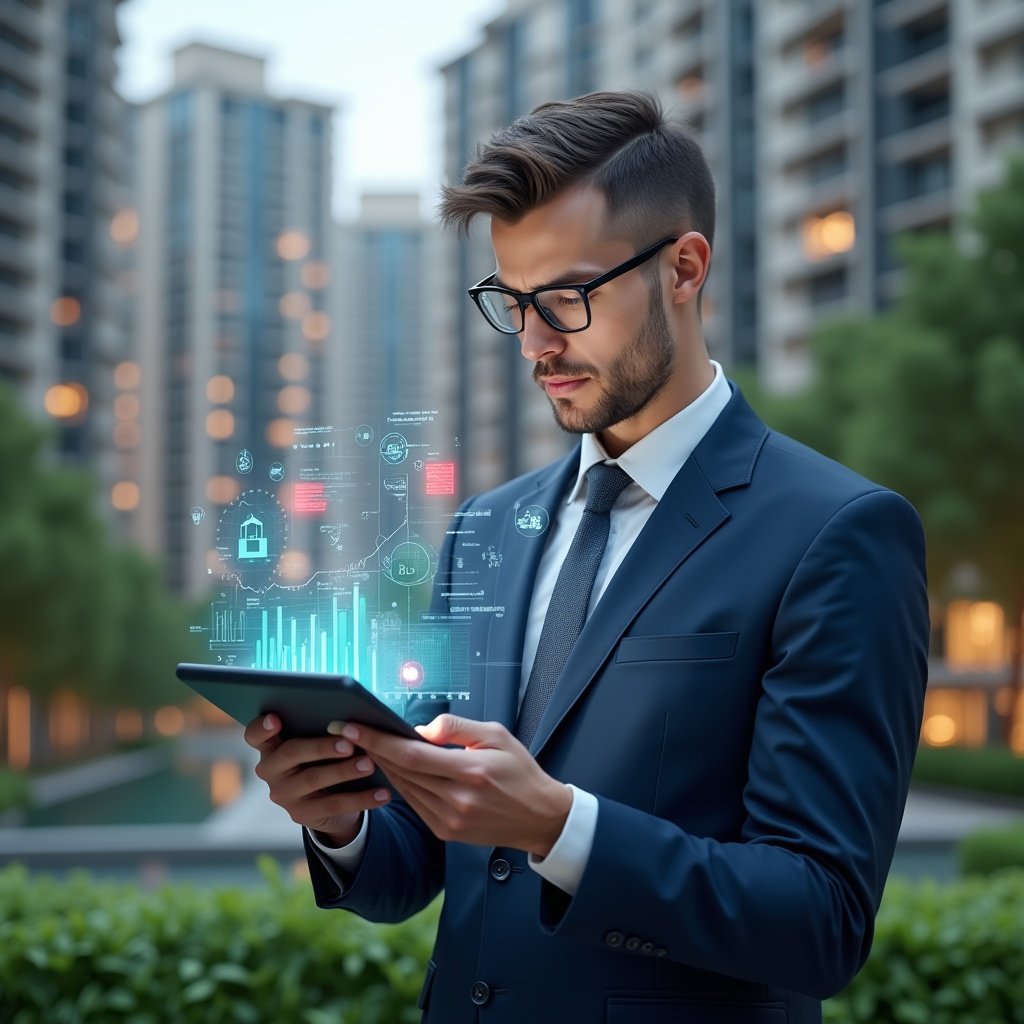 Ultra-realistic professional property manager in a navy blue suit, set in a modern luxury condominium environment with high-rise buildings and lush green landscaping, holding a transparent tablet projecting holographic financial charts and red alert icons, inspecting discrepancies with a focused, thoughtful expression, cinematic lighting, shallow depth of field, highly detailed textures, realistic skin, photographic realism, 8k resolution --ar 1:1 --v 6