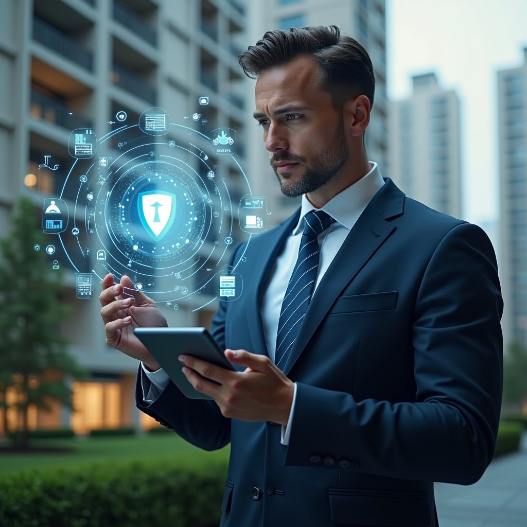 Ultra-realistic condominium manager in a navy executive suit, set in a modern luxury condominium environment with high-rise buildings and manicured greenery, examining a holographic interface displaying security shield icons, interconnected nodes and dynamic data charts, looking thoughtful and determined, cinematic lighting, shallow depth of field, highly detailed textures, realistic skin, photographic realism, 8k resolution --ar 1:1 --v 6
