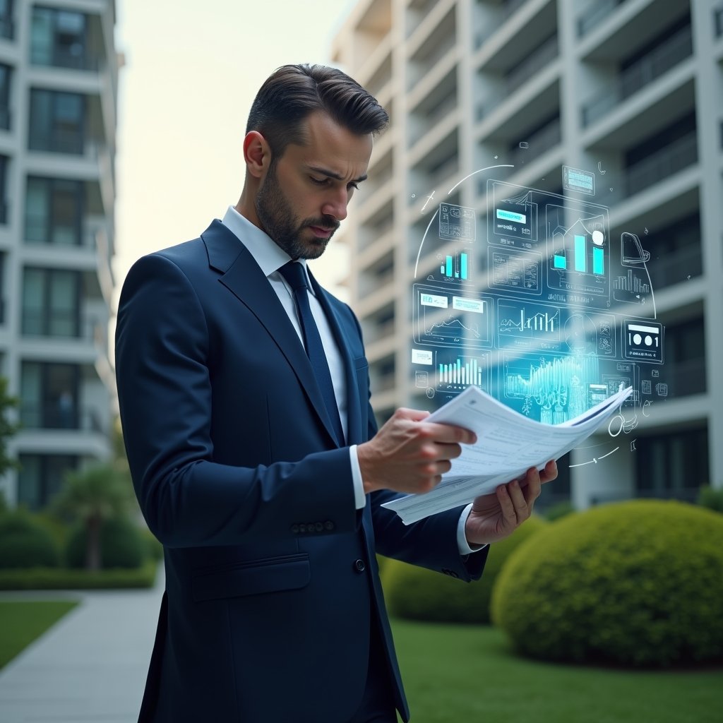 (Ultra-realistic condominium manager in a tailored navy suit, set in a modern luxury condominium environment with high-rise buildings and manicured green landscaping, analyzing a floating holographic financial report with transparent charts and graphs, confident and focused expression, digital ledger icons orbiting around, cinematic lighting, shallow depth of field, highly detailed textures, realistic skin, photographic realism, 8k resolution --ar 1:1 --v 6)