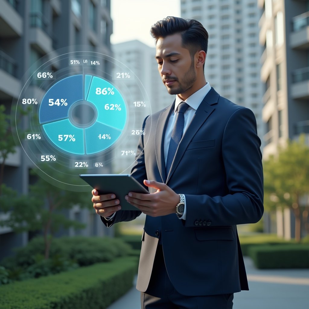 Ultra-realistic condominium manager in a navy suit, set in a modern luxury condominium environment with high-rise buildings and green landscaping, analyzing a floating holographic pie chart representing ideal fraction and condo fees, holding a digital tablet, confident and focused expression, cinematic lighting, shallow depth of field, highly detailed textures, realistic skin, photographic realism, 8k resolution --ar 1:1 --v 6