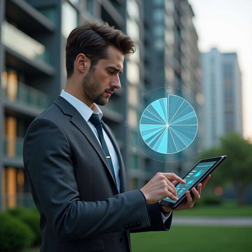 (Ultra-realistic condominium manager in a tailored charcoal-gray suit, set in a modern luxury condominium environment with high-rise buildings and manicured greenery, thoughtfully analyzing a holographic pie chart illustrating fraction ideal budget distribution, holding a sleek tablet displaying digital cost breakdown, cinematic lighting, shallow depth of field, highly detailed textures, realistic skin, photographic realism, 8k resolution --ar 1:1 --v 6)