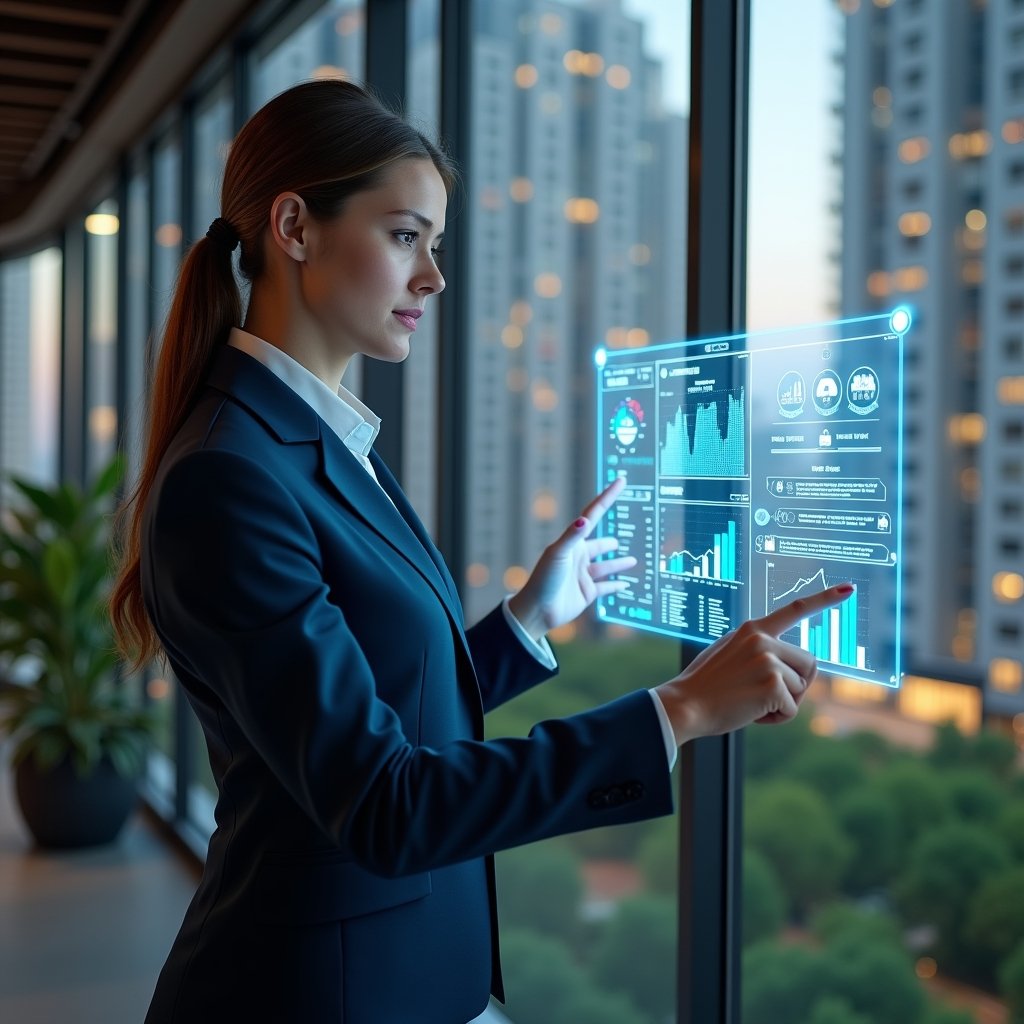 (Ultra-realistic condominium manager in a tailored navy suit, set in a modern luxury condominium environment with high-rise buildings and lush green landscaping, confidently interacting with a holographic financial dashboard displaying ledgers and balance sheets, pointing at glowing charts and icons symbolizing automated reporting, cinematic lighting, shallow depth of field, highly detailed textures, realistic skin, photographic realism, 8k resolution --ar 1:1 --v 6)