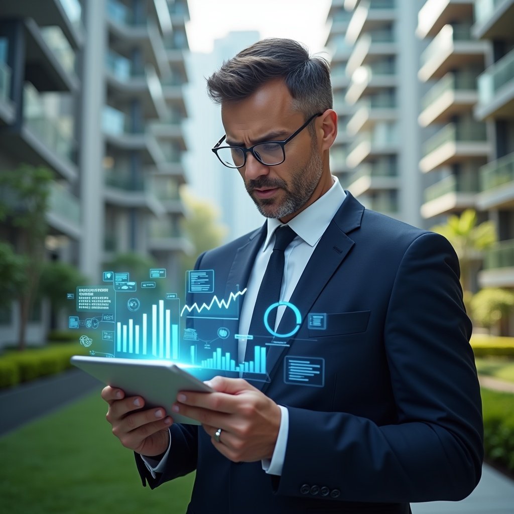 Ultra-realistic condominium manager in a navy tailored suit, set in a modern luxury condominium environment with high-rise buildings and lush green landscaping, reviewing holographic financial reports on a transparent tablet with floating charts and icons symbolizing automated accounting, confident and focused expression, cinematic lighting, shallow depth of field, highly detailed textures, realistic skin, photographic realism, 8k resolution --ar 1:1 --v 6