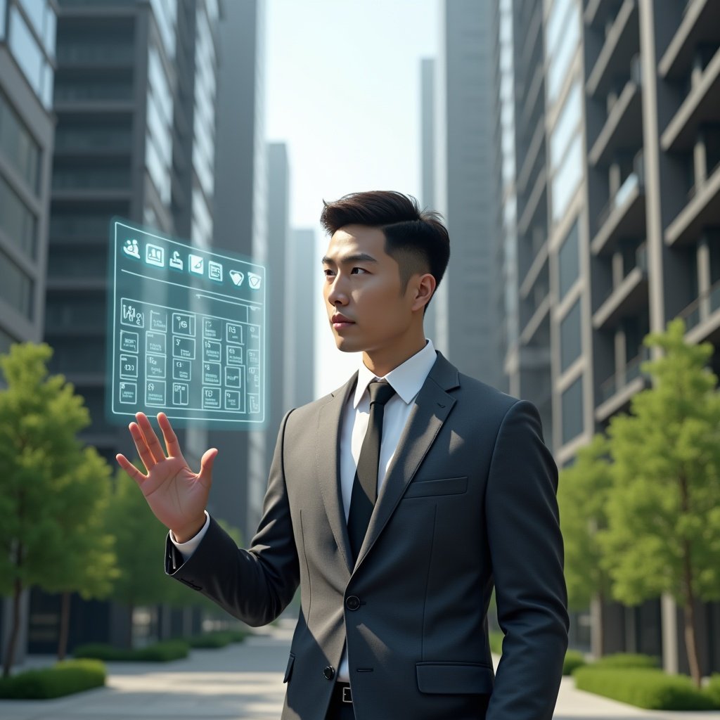 Ultra-realistic condominium manager in a charcoal gray executive suit, set in a modern luxury condominium environment with high-rise buildings and lush green landscaping, confidently interacting with a floating holographic calendar and reminder icons, symbolizing automated task scheduling, cinematic lighting, shallow depth of field, highly detailed textures, realistic skin, photographic realism, 8k resolution --ar 1:1 --v 6