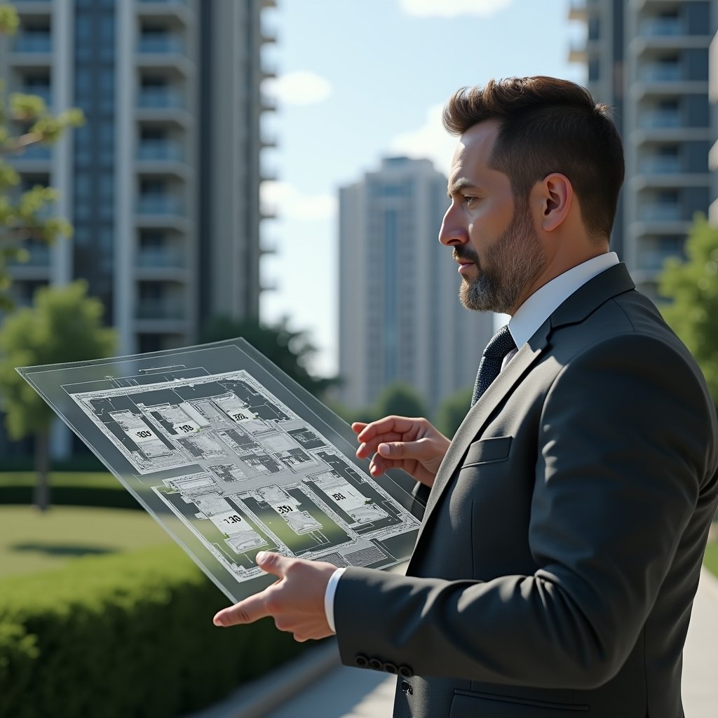 (Ultra-realistic condominium manager in a charcoal gray suit, set in a modern luxury condominium environment with high-rise buildings and manicured green landscaping, analyzing a holographic floor plan with floating percentage markers and unit outlines, confident expression, cinematic lighting, shallow depth of field, highly detailed textures, realistic skin, photographic realism, 8k resolution --ar 1:1 --v 6)