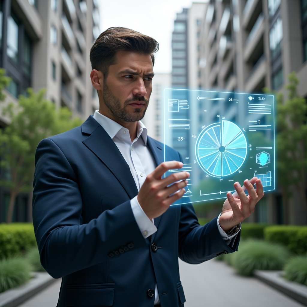 (Ultra-realistic condominium manager in a tailored navy suit, set in a modern luxury condominium environment with high-rise buildings and manicured greenery, examining a transparent holographic pie chart displaying ideal fraction calculations, with a floating holographic condominium blueprint beside them, confident and focused expression, cinematic lighting, shallow depth of field, highly detailed textures, realistic skin, photographic realism, 8k resolution --ar 1:1 --v 6)