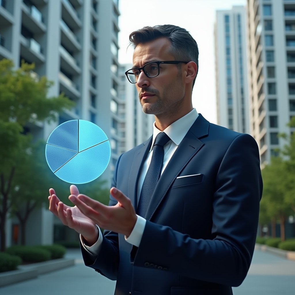 (Ultra-realistic condominium manager in a dark blue executive suit, set in a modern luxury condominium environment with high-rise buildings and lush green landscaping, medium shot of a thoughtful, confident professional analyzing a holographic fractional pie chart floating above their outstretched hand to represent ideal unit shares, cinematic lighting, shallow depth of field, highly detailed textures, realistic skin, photographic realism, 8k resolution --ar 1:1 --v 6)