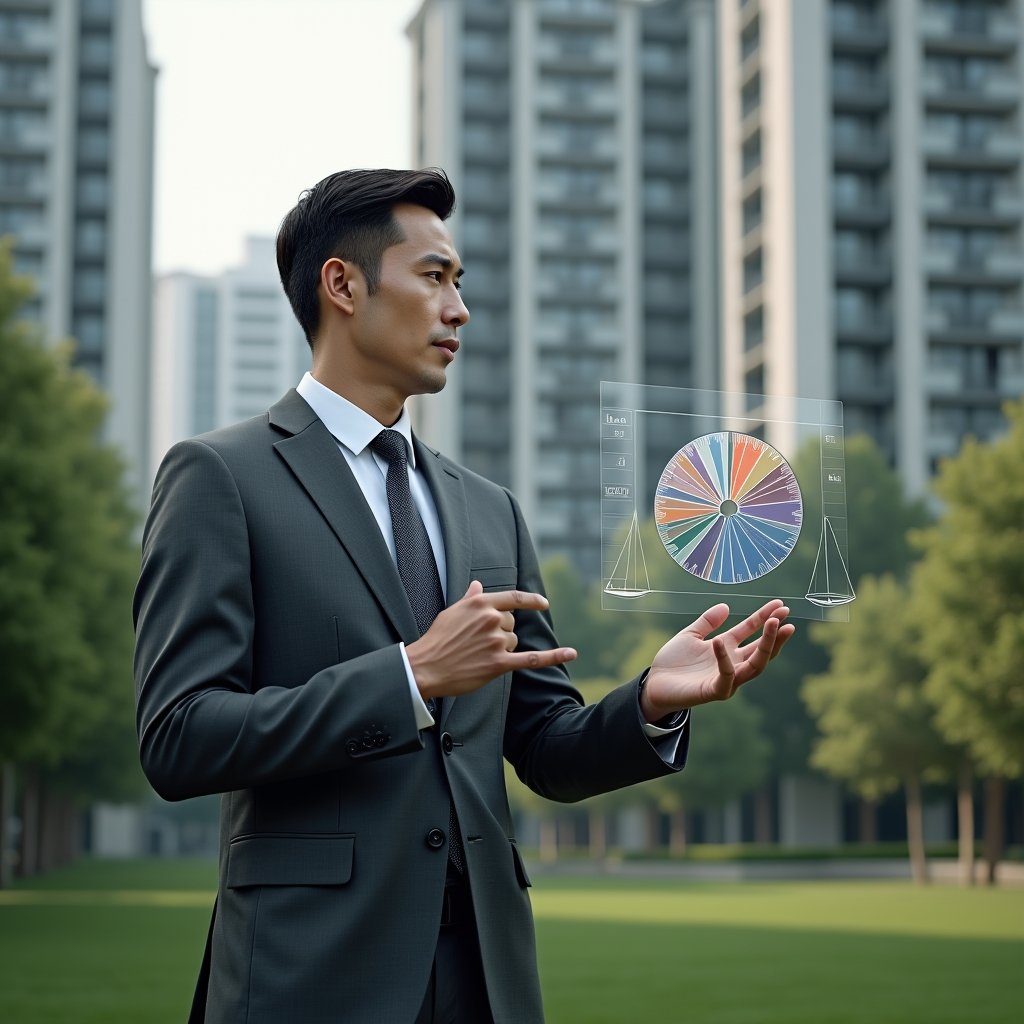 Ultra-realistic condominium manager in a tailored charcoal gray suit, set in a modern luxury condominium environment with high-rise buildings and meticulously manicured greenery, standing in a medium shot while examining a holographic pie chart displaying unit fractions, with floating legal scales icon beside him to symbolize fair cost allocation, confident and analytical expression, cinematic lighting, shallow depth of field, highly detailed textures, realistic skin, photographic realism, 8k resolution --ar 1:1 --v 6