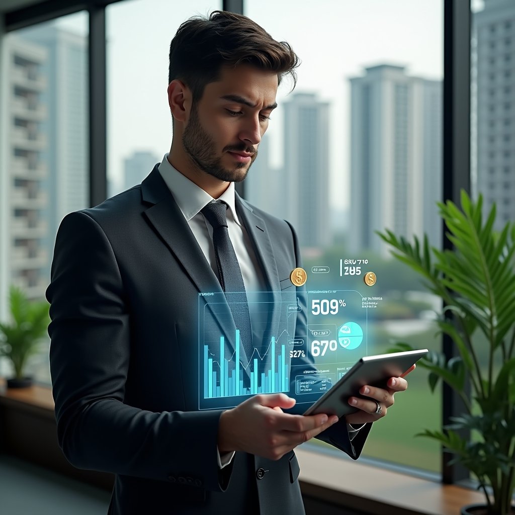 Ultra-realistic condominium manager in a dark gray suit, set in a modern luxury condominium environment with high-rise buildings and lush green landscaping, holding a tablet displaying holographic financial charts and expense graphs, analyzing budget data with floating coin and bar-graph icons, confident and focused expression, cinematic lighting, shallow depth of field, highly detailed textures, realistic skin, photographic realism, 8k resolution --ar 1:1 --v 6