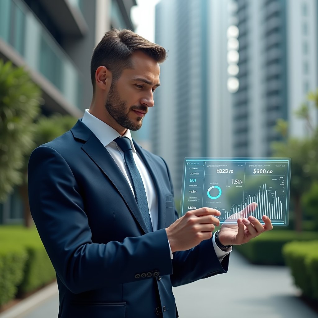 Ultra-realistic condominium manager in a tailored navy executive suit, set in a modern luxury condominium environment with high-rise buildings and manicured green landscaping, confidently reviewing a floating holographic financial dashboard displaying categorized expense pie charts and budget forecasts, cinematic lighting, shallow depth of field, highly detailed textures, realistic skin, photographic realism, 8k resolution --ar 1:1 --v 6