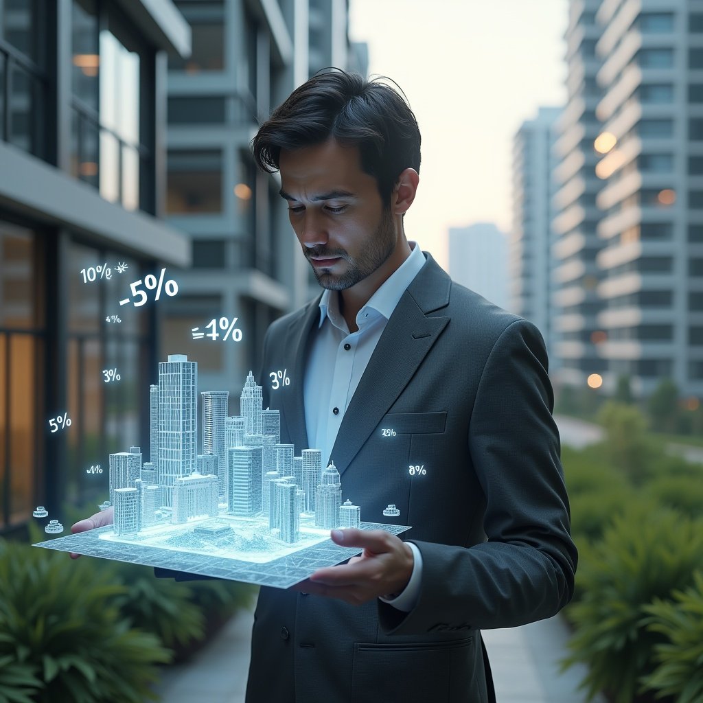 Ultra-realistic condominium manager in a charcoal gray suit, set in a modern luxury condominium environment with high-rise buildings and green landscaping, examining a holographic 3D building model with floating percentage markers, thoughtful expression, symbolic holographic fractions and meeting icons, cinematic lighting, shallow depth of field, highly detailed textures, realistic skin, photographic realism, 8k resolution --ar 1:1 --v 6