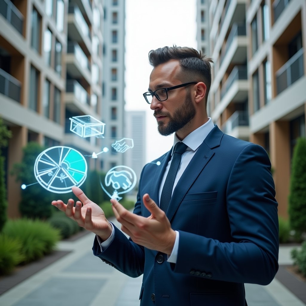 Ultra-realistic property manager in a navy blue suit, set in a modern luxury condominium environment with high-rise buildings and manicured green landscaping, analyzing a holographic pie chart of unit fractions while gesturing toward floating fractional diagrams and handshake icons, thoughtful and confident expression, cinematic lighting, shallow depth of field, highly detailed textures, realistic skin, photographic realism, 8k resolution --ar 1:1 --v 6