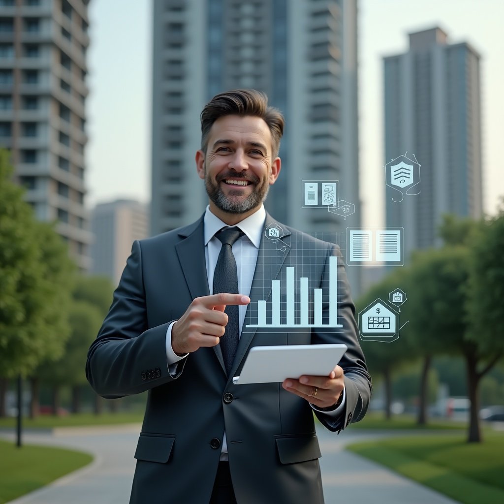 (Ultra-realistic condominium manager in a charcoal gray suit, set in a modern luxury condominium environment with high-rise buildings and manicured green landscaping, presenting a holographic financial report with clear charts and graphs, pointing confidently at floating icons of documents and currency symbols, cinematic lighting, shallow depth of field, highly detailed textures, realistic skin, photographic realism, 8k resolution --ar 1:1 --v 6)