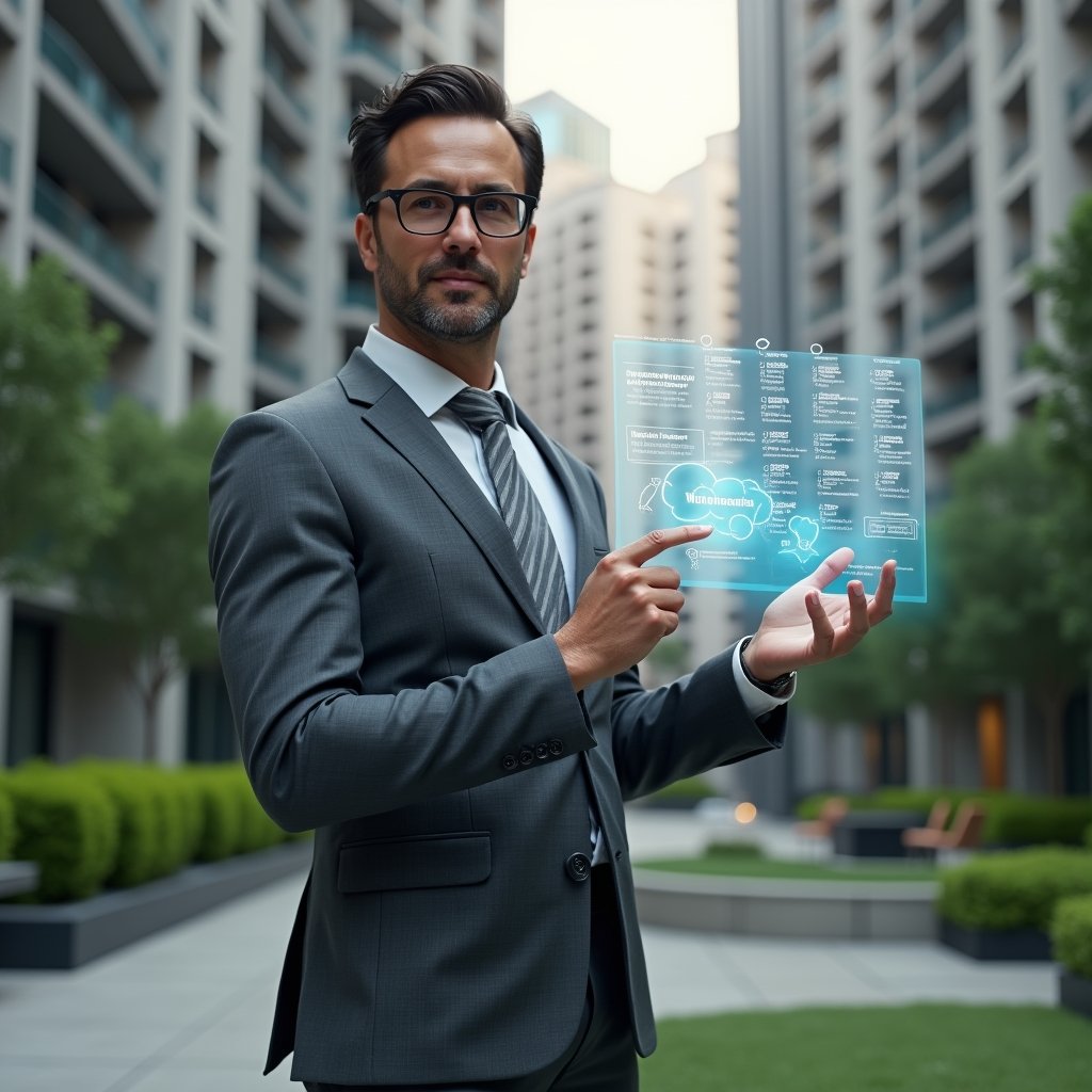 (Ultra-realistic condominium manager in a charcoal gray suit, set in a modern luxury condominium environment with high-rise buildings and manicured green landscaping, confidently interacting with a floating holographic calendar of maintenance, events and meeting schedules, holographic icons of tools and clipboard, cinematic lighting, shallow depth of field, highly detailed textures, realistic skin, photographic realism, 8k resolution --ar 1:1 --v 6)