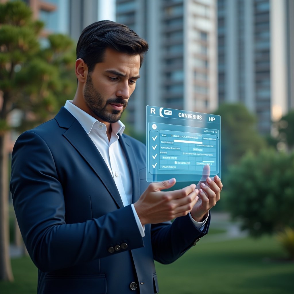 (Ultra-realistic condominium manager in a navy blue suit, set in a modern luxury condominium environment with high-rise buildings and meticulously landscaped greenery, examining a semi-transparent holographic calendar with highlighted tasks and checkmarks, a floating clock icon and task list symbols beside them, focused and confident expression, cinematic lighting, shallow depth of field, highly detailed textures, realistic skin, photographic realism, 8k resolution --ar 1:1 --v 6)