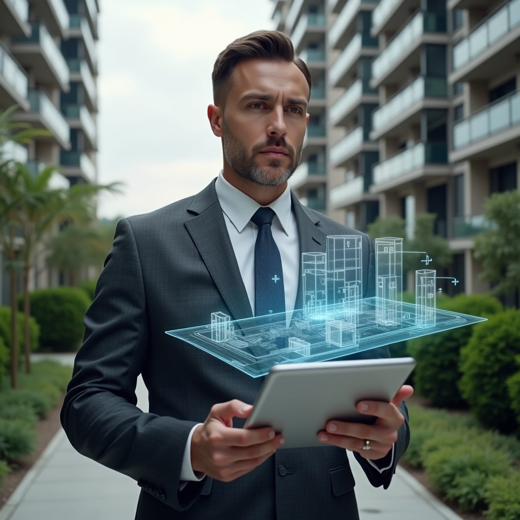 (Ultra-realistic condominium manager in a charcoal gray suit, set in a modern luxury condominium environment with high-rise buildings and manicured green landscaping, holding a transparent tablet displaying holographic app icons and data charts, a floating hologram of a condominium floor plan beside them, confident and focused expression, cinematic lighting, shallow depth of field, highly detailed textures, realistic skin, photographic realism, 8k resolution --ar 1:1 --v 6)