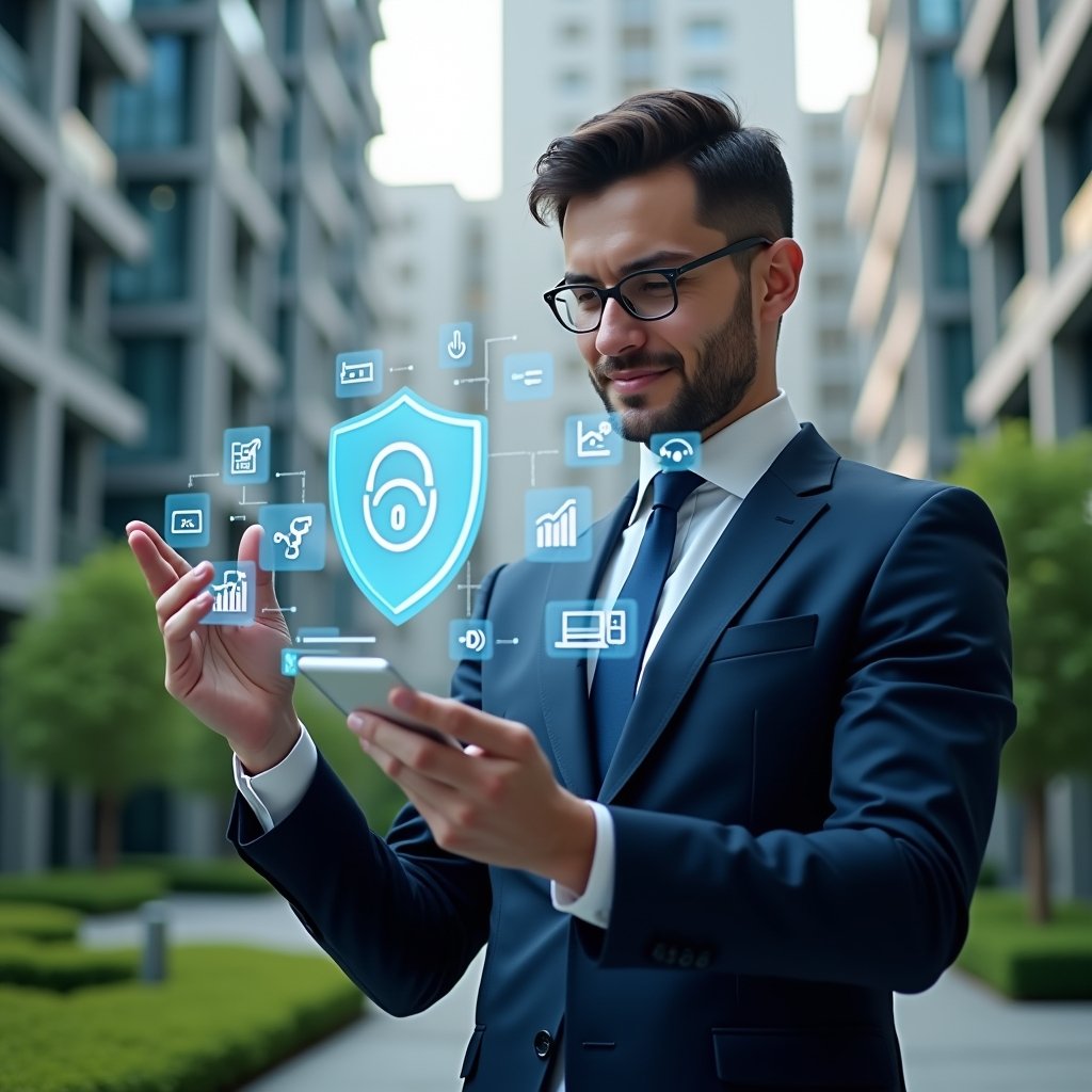 (Ultra-realistic condominium manager in a dark blue suit, set in a modern luxury condominium environment with high-rise buildings and manicured green landscaping, holding a transparent holographic interface displaying app icons and financial charts, analyzing data with a focused and confident expression, floating shield icon symbolizing security and support, cinematic lighting, shallow depth of field, highly detailed textures, realistic skin, photographic realism, 8k resolution --ar 1:1 --v 6)