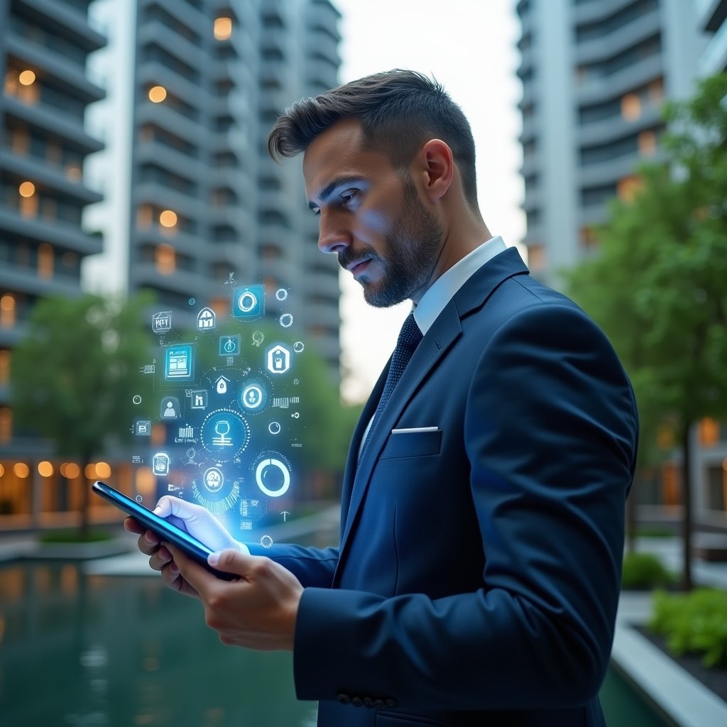 (Ultra-realistic condo manager in a dark blue executive suit, set in a modern luxury condominium environment with high-rise buildings and lush green landscaping, holding a tablet displaying a holographic condominium management dashboard, confidently analyzing floating app icons and graphs symbolizing an advanced building management system, cinematic lighting, shallow depth of field, highly detailed textures, realistic skin, photographic realism, 8k resolution --ar 1:1 --v 6)