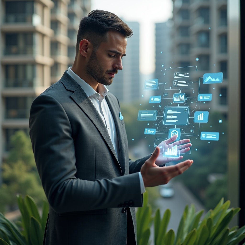 (Ultra-realistic condominium manager in a charcoal gray suit, set in a modern luxury condominium environment with high-rise buildings and manicured greenery, interacting with a holographic touchscreen displaying app icons, financial charts and messaging notifications symbolizing an **aplicativo para condomínio**, confident and focused expression, cinematic lighting, shallow depth of field, highly detailed textures, realistic skin, photographic realism, 8k resolution --ar 1:1 --v 6)