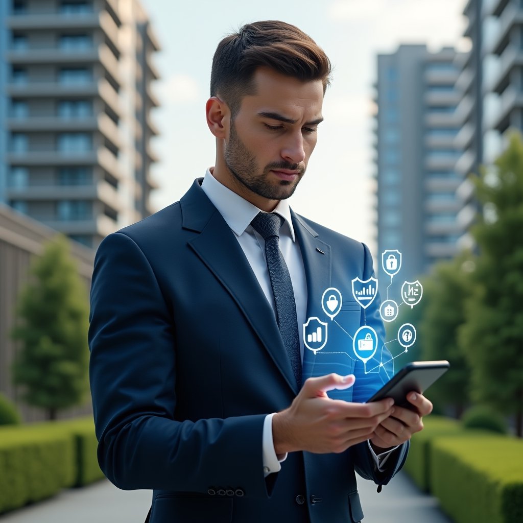 (Ultra-realistic condominium manager in a navy tailored suit, set in a modern luxury condominium environment with high-rise buildings and manicured green landscaping, holding and interacting with a holographic smartphone interface displaying app icons for finance, security, and communication, confident and focused expression, floating icons of charts, shield, and coin symbolizing cost-benefit analysis, cinematic lighting, shallow depth of field, highly detailed textures, realistic skin, photographic realism, 8k resolution --ar 1:1 --v 6)