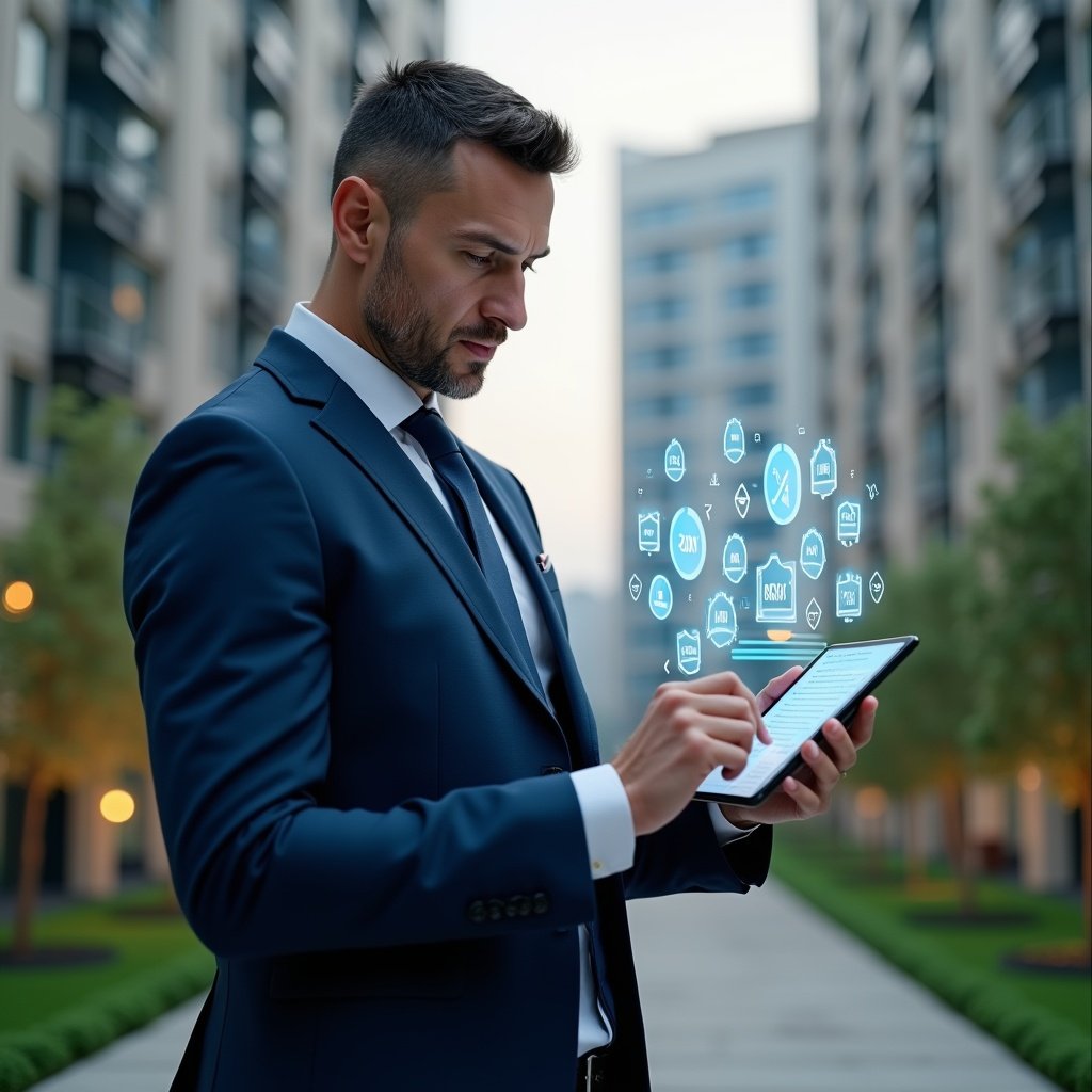(Ultra-realistic condominium manager in a navy blue executive suit, set in a modern luxury condominium environment with high-rise buildings and manicured green landscaping, analyzing a tablet screen with a confident, thoughtful expression as holographic app icons and performance graphs float above it, cinematic lighting, shallow depth of field, highly detailed textures, realistic skin, photographic realism, 8k resolution --ar 1:1 --v 6)