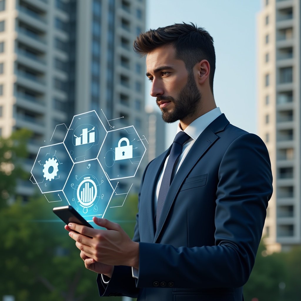 Ultra-realistic professional condominium manager in a navy blue executive suit, set in a modern luxury condominium environment with high-rise buildings and meticulously landscaped gardens, holding a holographic smartphone interface displaying app icons and charts, thoughtfully analyzing digital data, floating transparent icons of a calendar, lock, and graph around them, cinematic lighting, shallow depth of field, highly detailed textures, realistic skin, photographic realism, 8k resolution --ar 1:1 --v 6