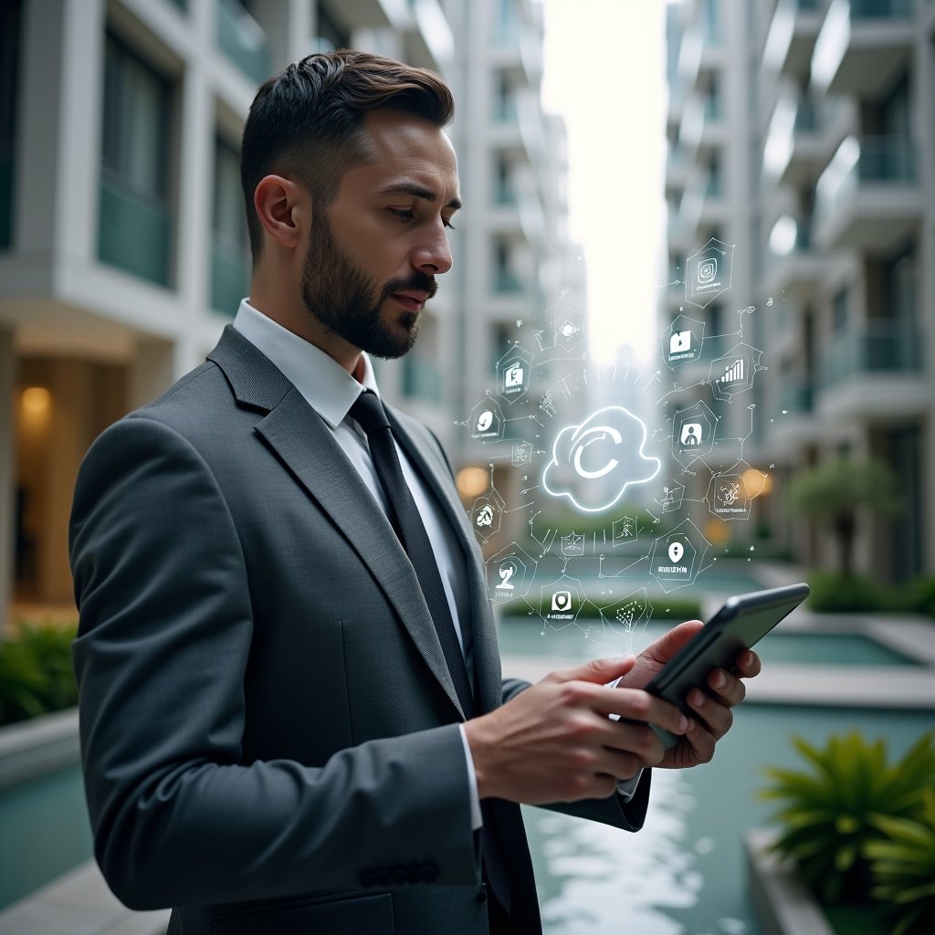 (Ultra-realistic condominium property manager in a charcoal gray suit, set in a modern luxury condominium environment with high-rise buildings and meticulously landscaped gardens, holding a tablet and confidently analyzing a holographic dashboard of app metrics, with floating icons representing communication, finance and security, cinematic lighting, shallow depth of field, highly detailed textures, realistic skin, photographic realism, 8k resolution --ar 1:1 --v 6)