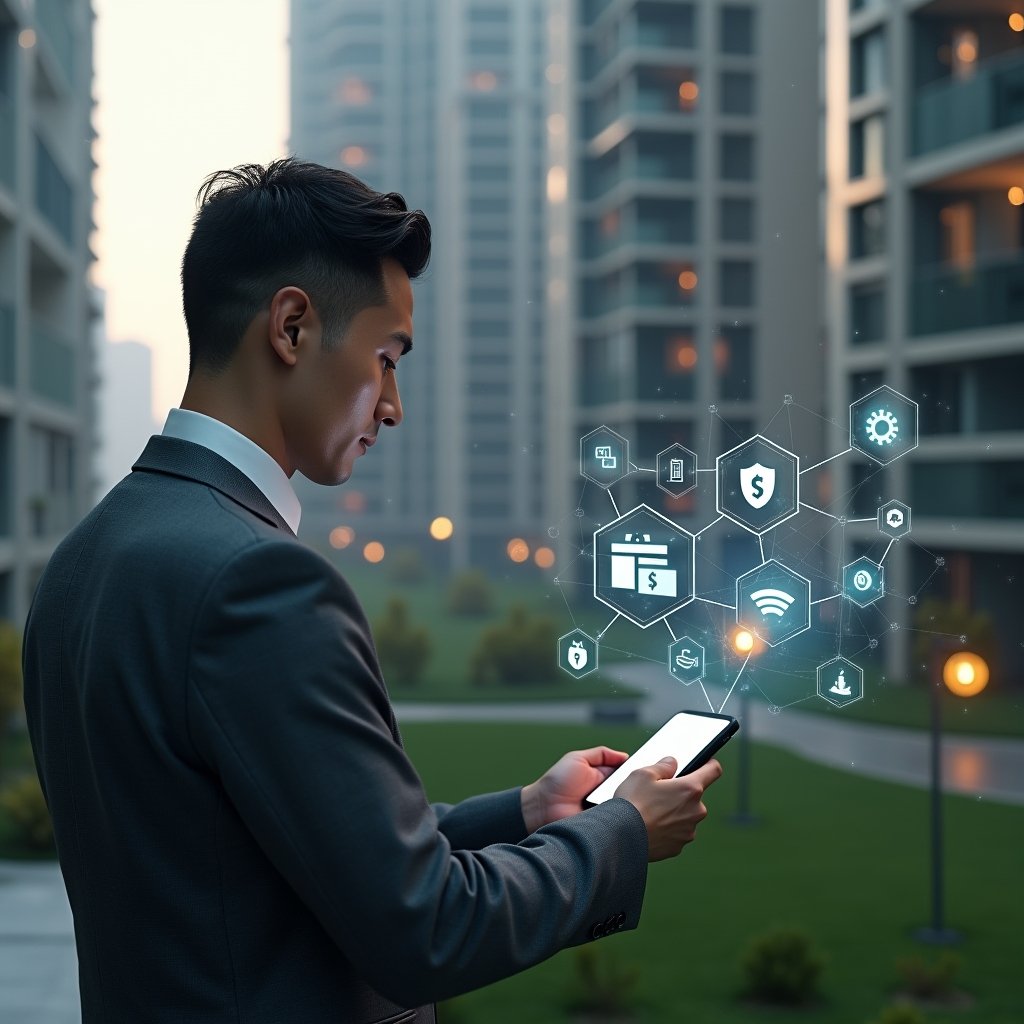 (Ultra-realistic condominium manager in a charcoal gray tailored suit, set in a modern luxury condominium environment with high-rise buildings and manicured green landscaping, examining a holographic smartphone interface displaying app icons and performance charts, floating translucent symbols of security shields and gear icons around them, cinematic lighting, shallow depth of field, highly detailed textures, realistic skin, photographic realism, 8k resolution --ar 1:1 --v 6)