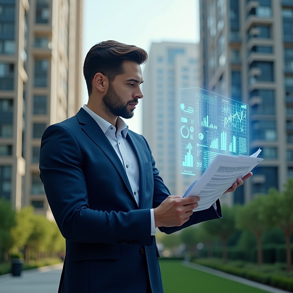 (Ultra-realistic condominium manager in a navy blue suit, set in a modern luxury condominium environment with high-rise buildings and green landscaping, examining a floating holographic financial report with detailed charts and graphs, confident and focused expression, cinematic lighting, shallow depth of field, highly detailed textures, realistic skin, photographic realism, 8k resolution --ar 1:1 --v 6)