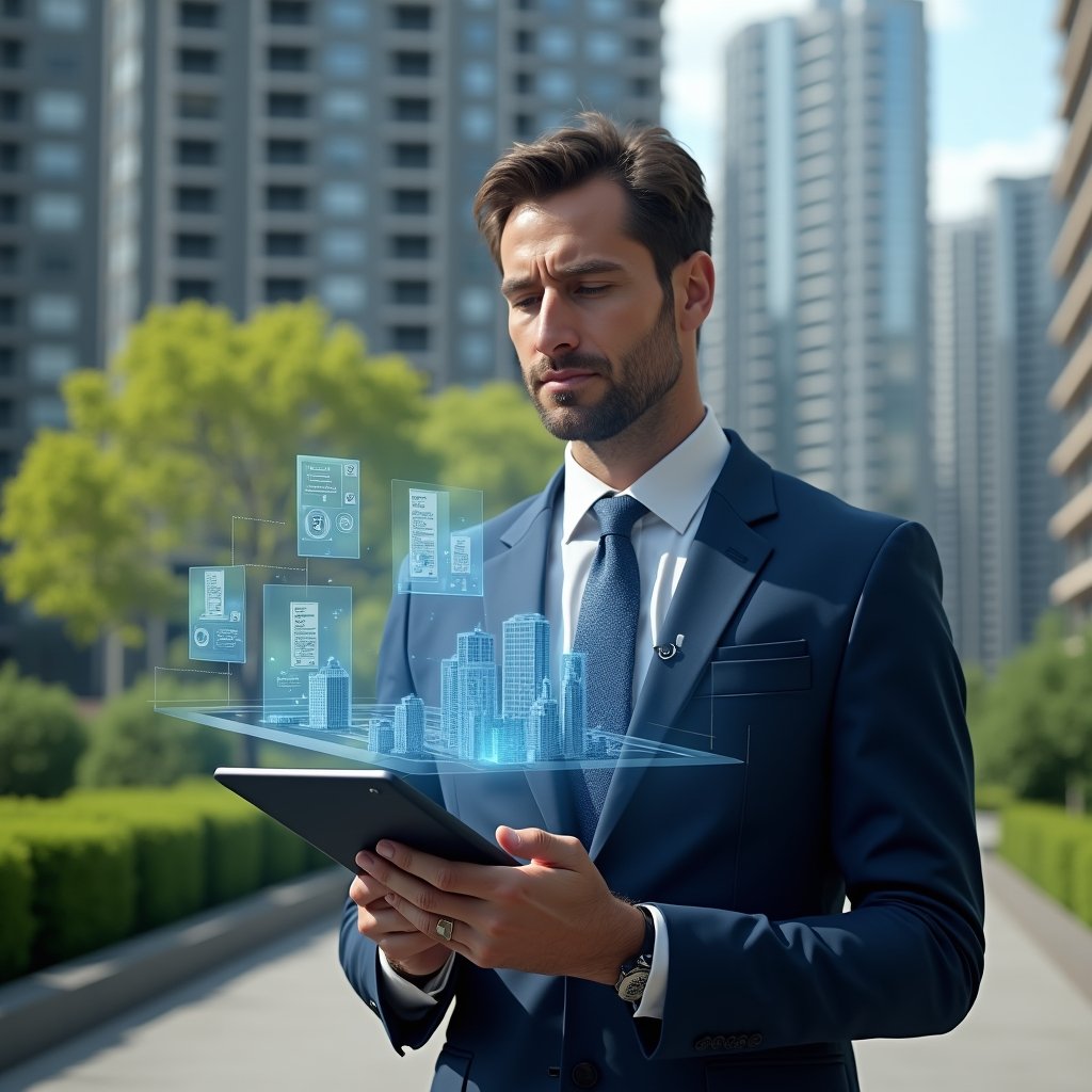 (Ultra-realistic condominium manager in a navy executive suit, set in a modern luxury condominium environment with high-rise buildings and lush green landscaping, confidently reviewing holographic budget charts projected from a tablet, floating icons of invoices and checkmarks symbolizing approved extraordinary expenses, cinematic lighting, shallow depth of field, highly detailed textures, realistic skin, photographic realism, 8k resolution --ar 1:1 --v 6)