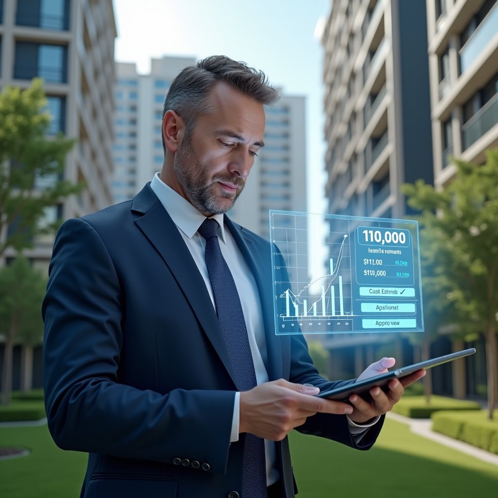 (Ultra-realistic condominium property manager in a navy blue executive suit, set in a modern luxury condominium environment with high-rise buildings and manicured green landscaping, confidently reviewing a holographic financial chart hovering above a tablet displaying cost estimates and approval buttons, cinematic lighting, shallow depth of field, highly detailed textures, realistic skin, photographic realism, 8k resolution --ar 1:1 --v 6)
