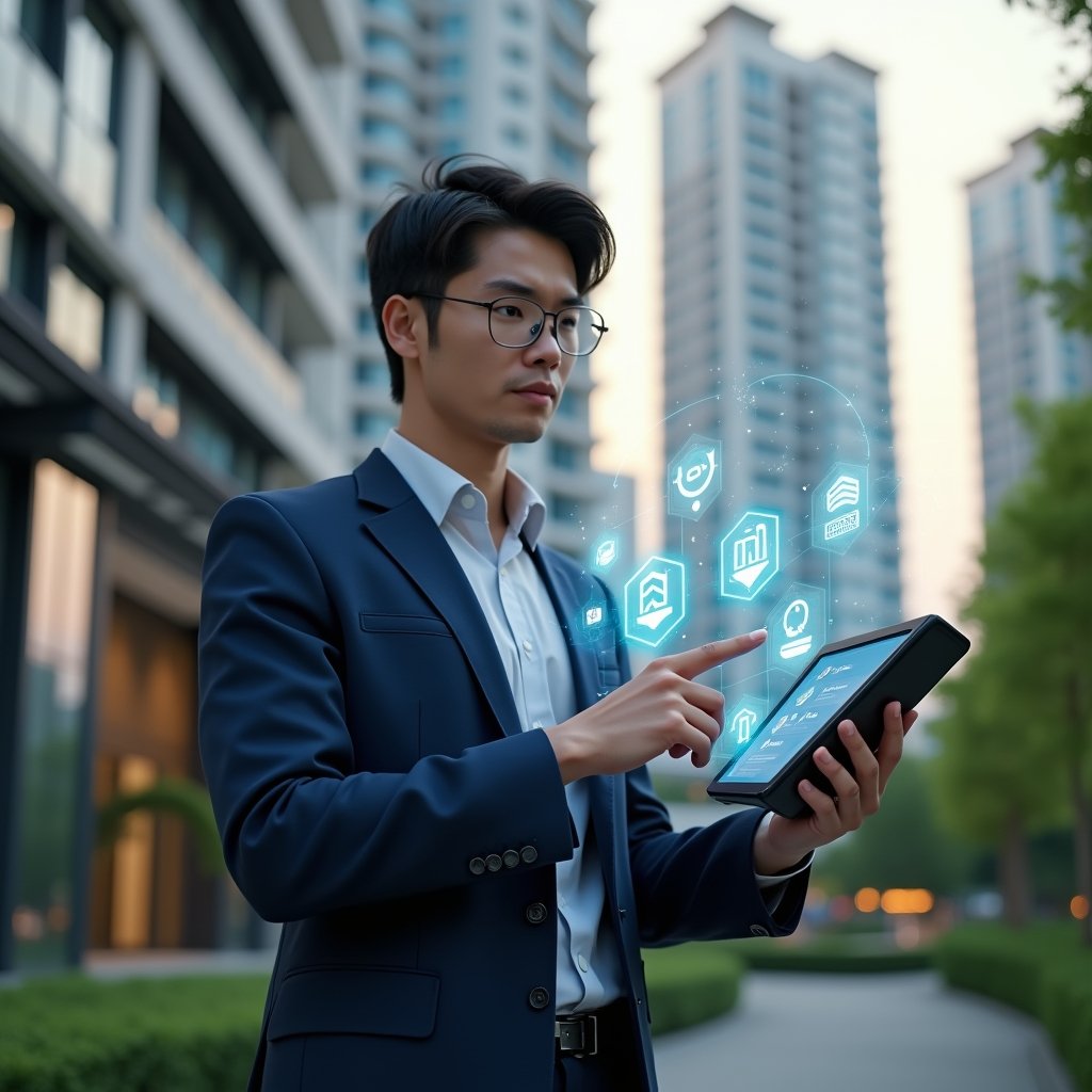 Ultra-realistic condominium manager in a navy executive suit, set in a modern luxury condominium environment with high-rise buildings and lush green landscaping, holding a tablet displaying a digital management interface, confidently pointing at holographic icons for reservations, finances, and communications, cinematic lighting, shallow depth of field, highly detailed textures, realistic skin, photographic realism, 8k resolution --ar 1:1 --v 6