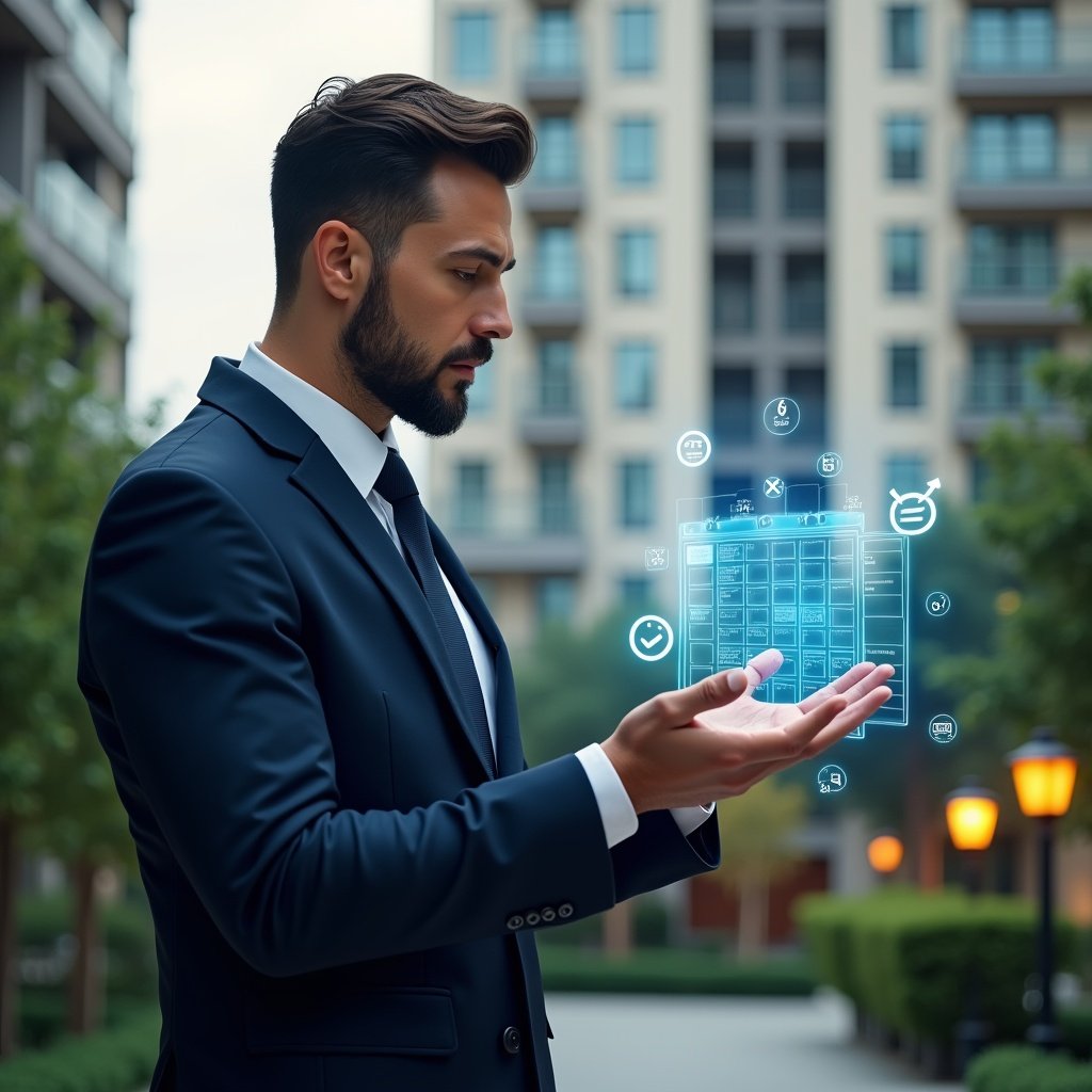 Ultra-realistic condominium manager in a navy suit, set in a modern luxury condominium environment with high-rise buildings and meticulously landscaped greenery, examining a holographic maintenance and events schedule floating above his hand, surrounded by digital calendar icons, checkmarks and clock symbols, confident and focused expression, cinematic lighting, shallow depth of field, highly detailed textures, realistic skin, photographic realism, 8k resolution --ar 1:1 --v 6