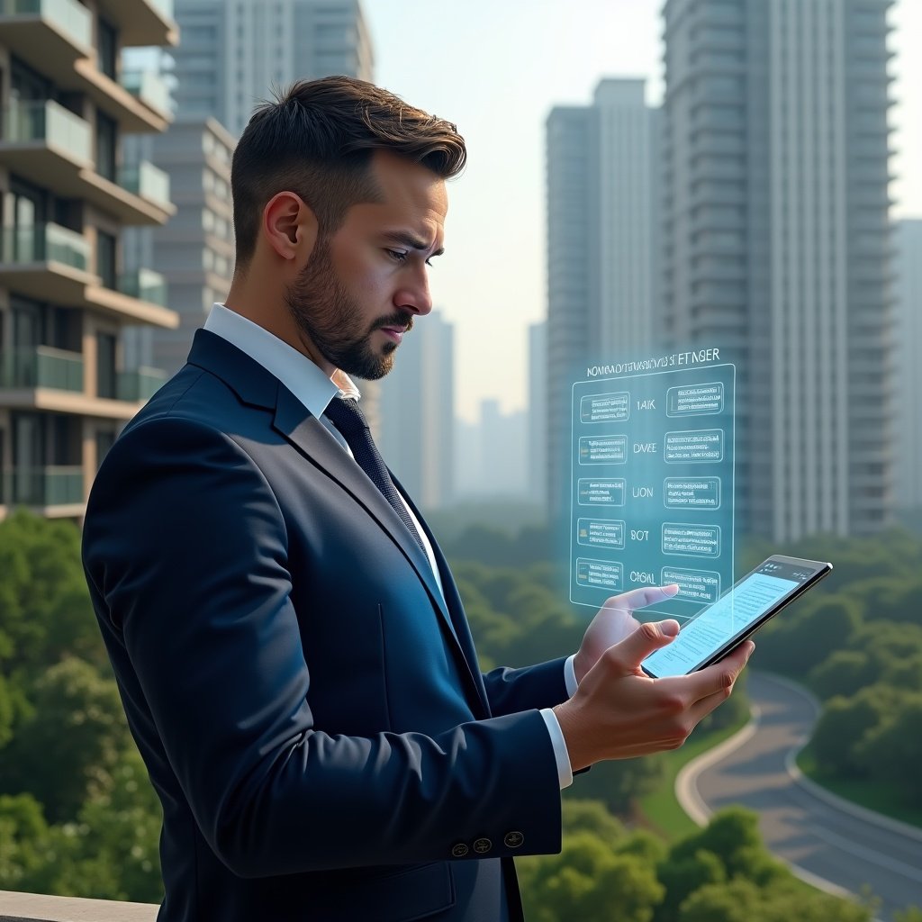 (Ultra-realistic condo manager in a navy executive suit, set in a modern luxury condominium environment with high-rise buildings and meticulously landscaped gardens, examining a floating holographic calendar and checklist icons with a focused, confident expression, a sleek tablet in hand displaying task schedules, cinematic lighting, shallow depth of field, highly detailed textures, realistic skin, photographic realism, 8k resolution --ar 1:1 --v 6)