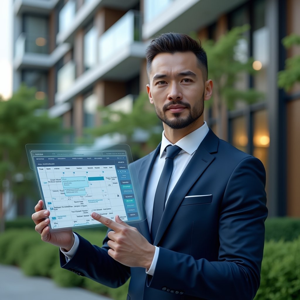 (Ultra-realistic condominium manager in a navy-blue executive suit, set in a modern luxury condominium environment with high-rise buildings and lush green landscaping, holding a holographic schedule calendar displaying weekly, monthly, and annual checklists, pointing at a highlighted date with floating task icons, confident and focused expression, cinematic lighting, shallow depth of field, highly detailed textures, realistic skin, photographic realism, 8k resolution --ar 1:1 --v 6)