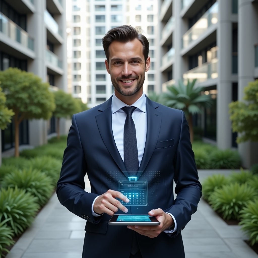 Ultra-realistic condominium manager in a navy executive suit, set in a modern luxury condominium environment with high-rise buildings and manicured green landscaping, holding a digital tablet displaying a holographic calendar schedule, confident and focused expression, cinematic lighting, shallow depth of field, highly detailed textures, realistic skin, photographic realism, 8k resolution --ar 1:1 --v 6